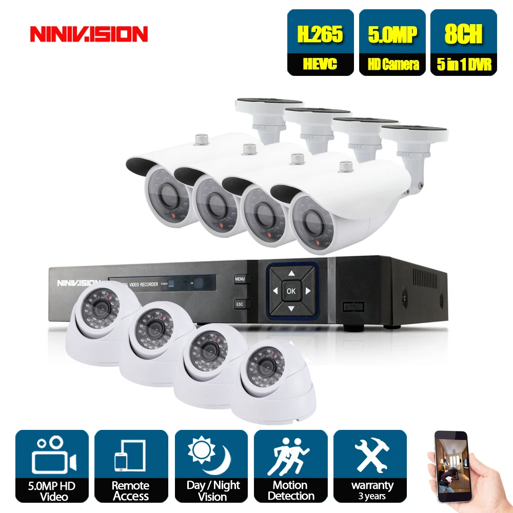 H.265 комплект видеонаблюдения 5MP HD CCTV система 8CH CCTV AHD камера безопасности Система видеонаблюдения 8 CCTV уличная камера