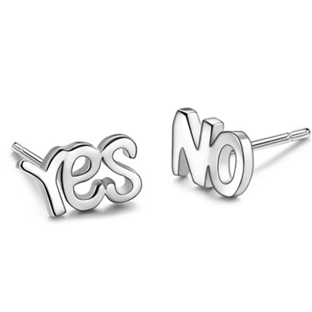 

2016 Best-Selling New Fashion Lovely Silver-Plated Letter Words Yes Or No Asymmetry Earrings Gift For Girls Or Boys
