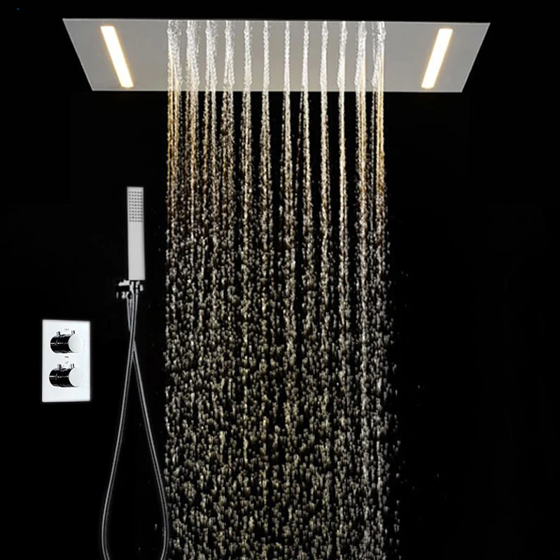 

Rectangular LED Rainfall Shower Set Ceiling Conceal Thermostatic Mixer Shower Head System With Hand Shower Faucet Bathroom Spray