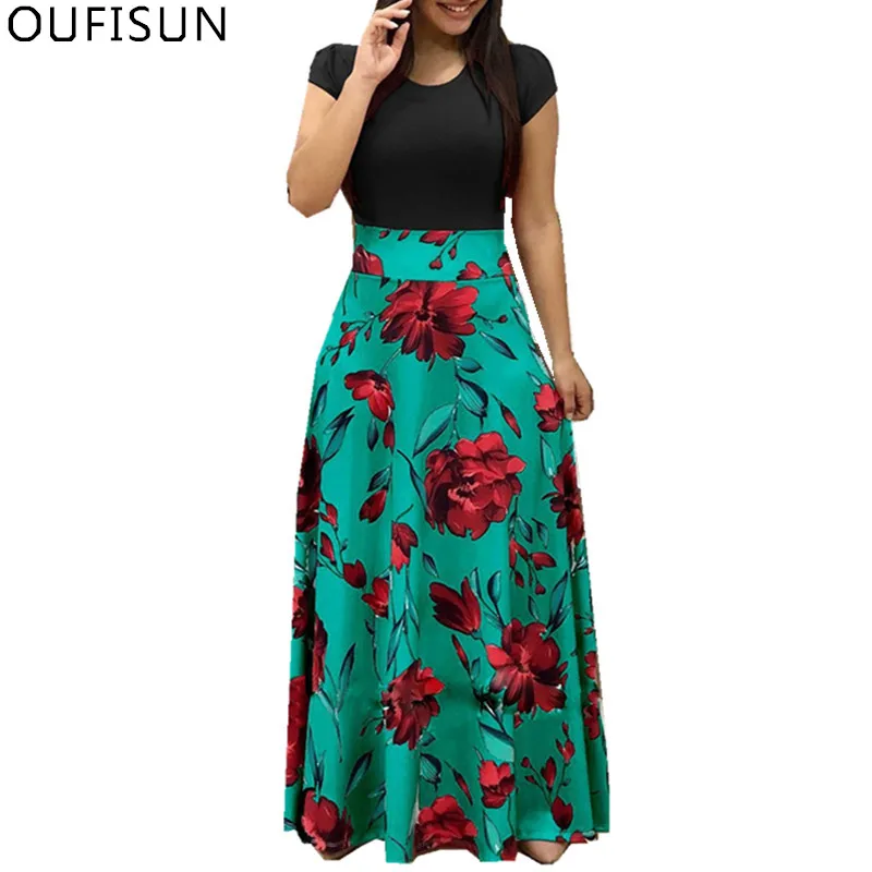 

Oufisun Summer O-neck Short Sleeve Women's Dress New Casual Flower Print Beach Dresses Vintage Patchwork Boho Tunic Long Dress