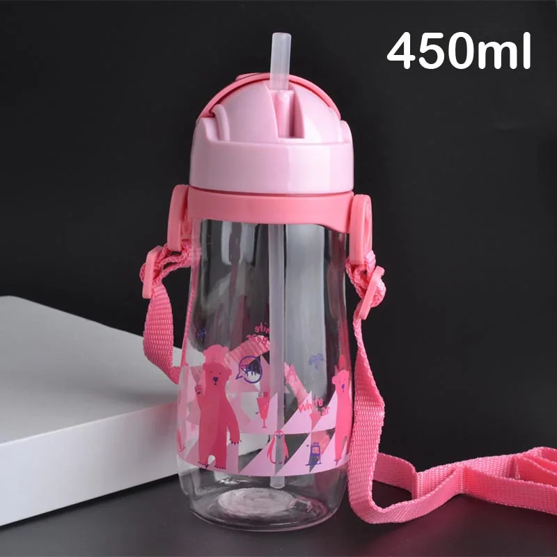 450ml Pink 450ml 230/450 мл, чашка для кормления, Детская Бутылочка с соломинкой, портативная веревка, непроливающаяся детская чашка, пластиковая бутылка для детей, питьевая вода copo - Цвет: 450ml Pink 450ml