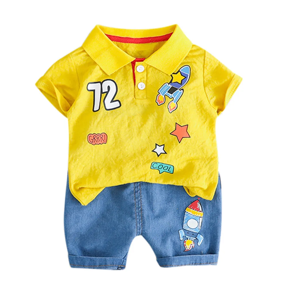 Топы для маленьких мальчиков, футболка с рисунком ракетки Короткие штаны Повседневная одежда детская одежда roupa infantil, детская одежда лето - Цвет: Yellow