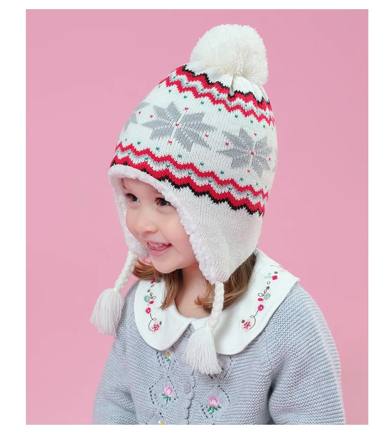 Толстая теплая вязаная шапочка для малыша с рисунком снежинки, детские шапки с ушками для девочек, Осень-зима, детские вязаные шапки, детская шапочка