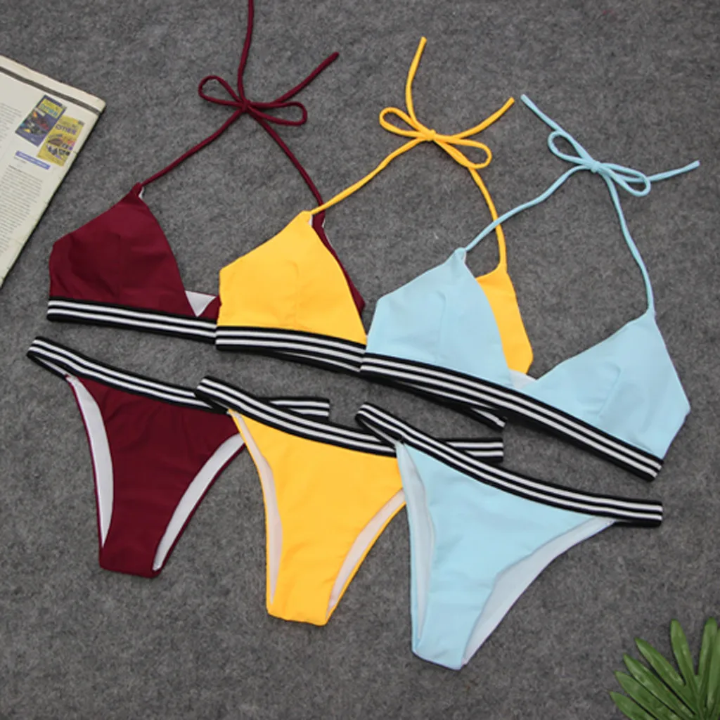 

Women's Two Piece Solid Color Bikini Sexy Brief micro Thong Sling Split Swimsuit Hot sale Swimwear Padded Bra Bandage Beachwear