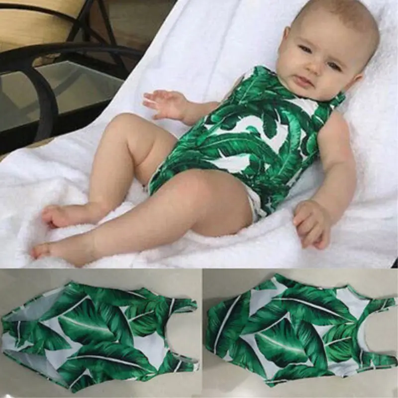 Летний купальный костюм с принтом зеленых листьев для мамы и дочки, цельный купальный костюм, комплект бикини, пляжная одежда