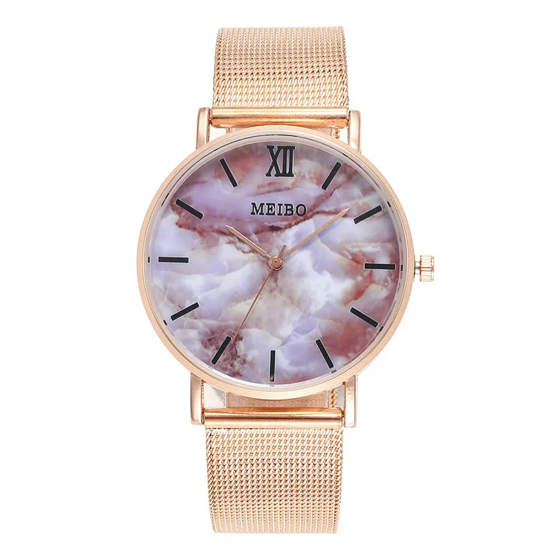 

2019 Woven Mesh Quartz Watch Women Famous Luxury Brand Marble Pattern Roman Numerals Simple Women Clock Orologio