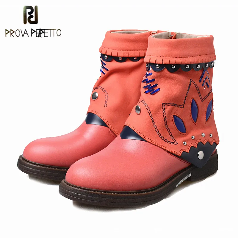 

Prova Perfetto Women Soft Leather Ankle Short Boots Rivets Patchwork Sewing Boots Low Heels Comfortable Cause Boots For Winter
