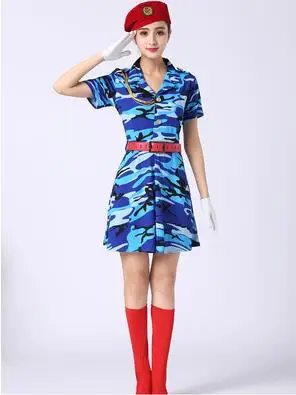 Сезон весна-лето; женская военная одежда; камуфляжные костюмы для женщин; платье для танцев; квадратный танцевальный костюм для выступлений; цвет синий, зеленый - Цвет: Blue Camouflage
