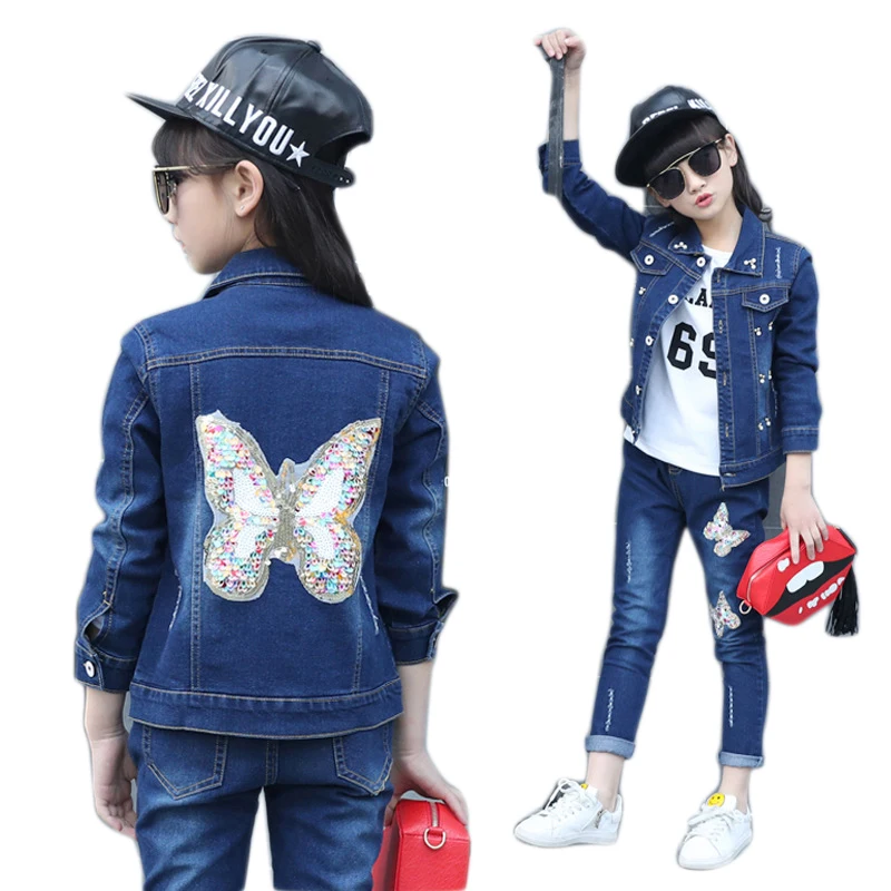Teenage Clothes Set for Girls Jacket + Jeans 2pcs Denim Suit Children