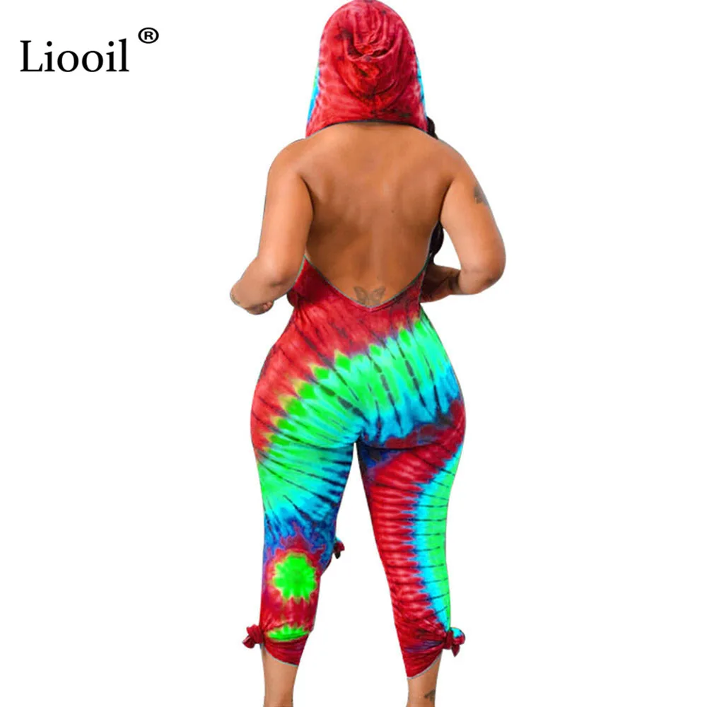 Liooil Tie Dye комбинезон с капюшоном с открытой спиной сексуальный комбинезон Колготки Новое поступление Bodycon Вечерние Клубные Комбинезоны женские Комбинезоны Шорты