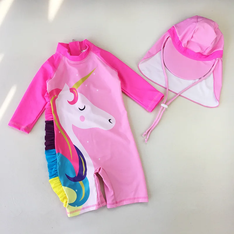 Летний модный розовый купальный костюм с шапкой для девочек, милый Быстросохнущий купальный костюм для детей, Лидер продаж, пляжная одежда с единорогом YZ19045 - Цвет: 5T(95-105CM)