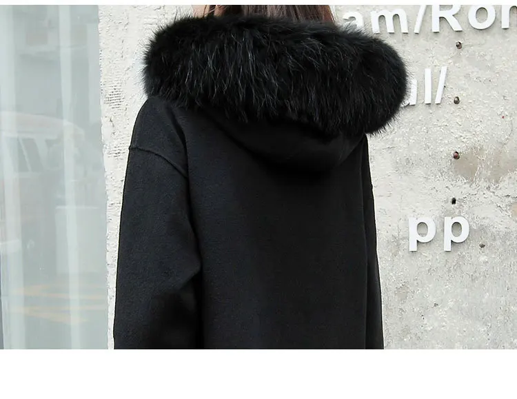 Черное шерстяное пальто зимняя женская куртка новая модная верхняя одежда с капюшоном длинный воротник из натурального меха енота Женская Шерсть 95% пальто