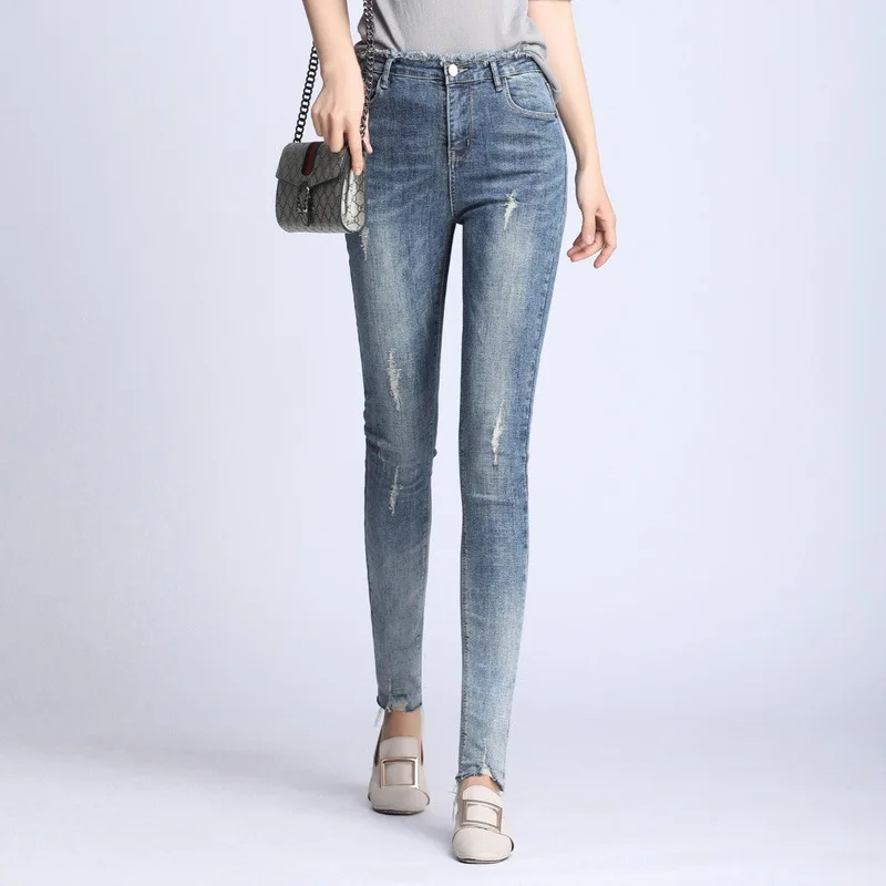 

Free Shipping Women's jeans high waist 2019 spring new hole elastic stretch slimming Skinny Pencil pants Whitewashed Raw Edge