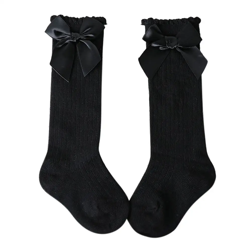 Kidlove/одноцветные носки из чесаного хлопка для новорожденных; носки принцессы среднего размера с милым бантиком - Цвет: black-2T