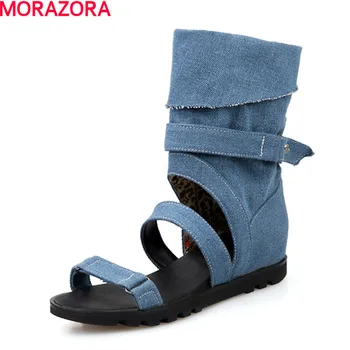

MORAZORA Top quality leisure buckle cloth shoes high 2cm +4cm square heels shoes open-toed women sandals summer shoes