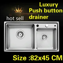 Квартира роскошный двойной кухонный паз раковина vogue Кнопка drainer 304 нержавеющая сталь Горячая 82x45 см