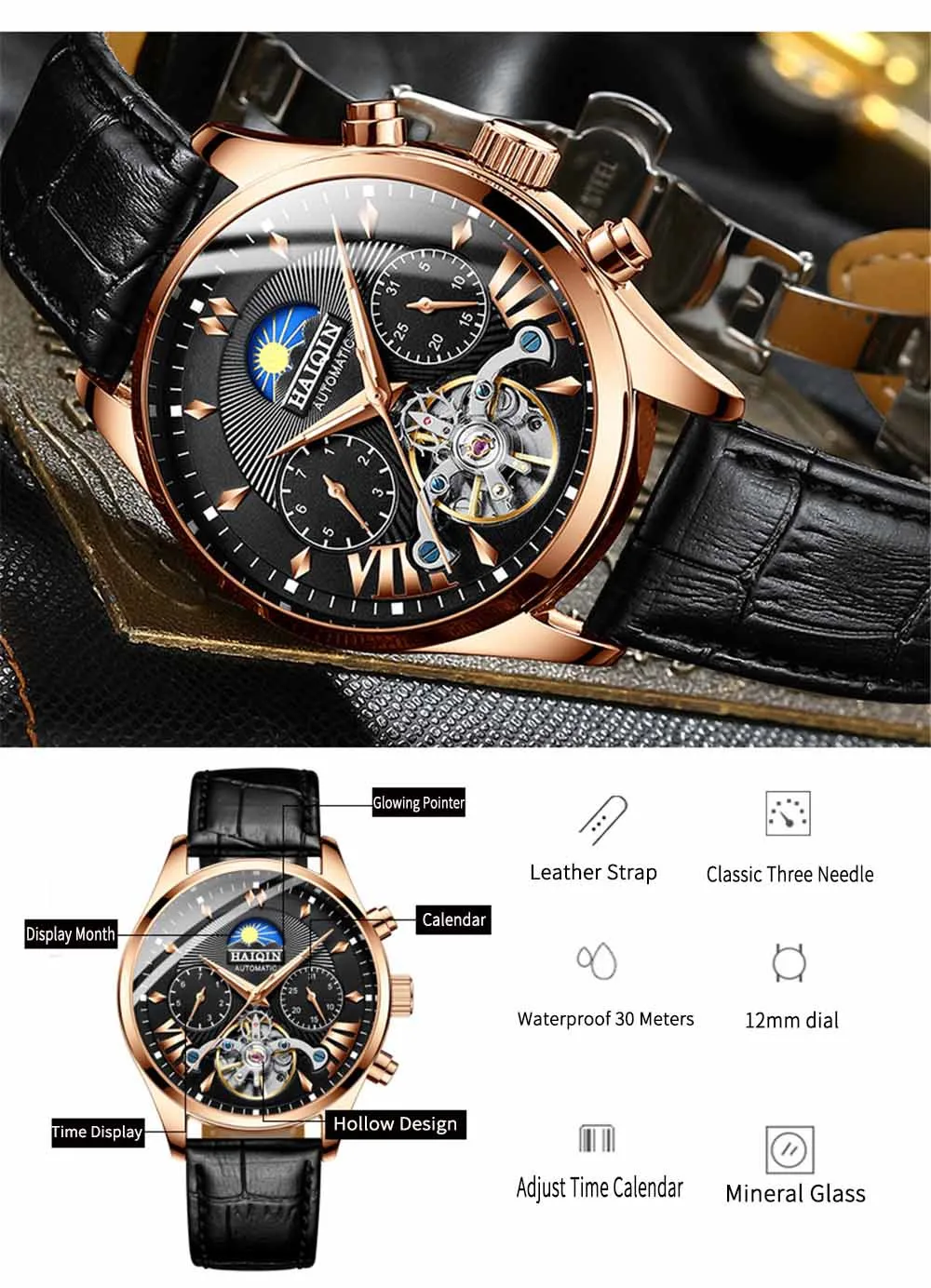 HAIQIN Original Mechanical Watch Unique Men's Watches Waterproof/Military/Sport Wristwatch Male Casual Automatic Wrist Watch Men