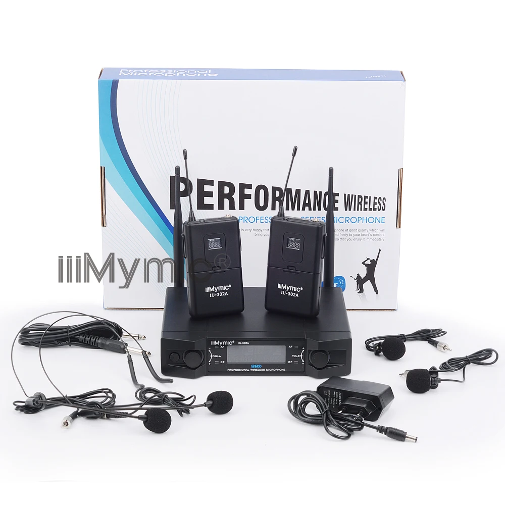 iiiMymic IU 302A UHF 600 700MHz Pro Dual Channel Wireless Microphone 2 Bodypack+2 Lapel&2 Headset Mic System for DJ Karaoke|Микрофоны| |