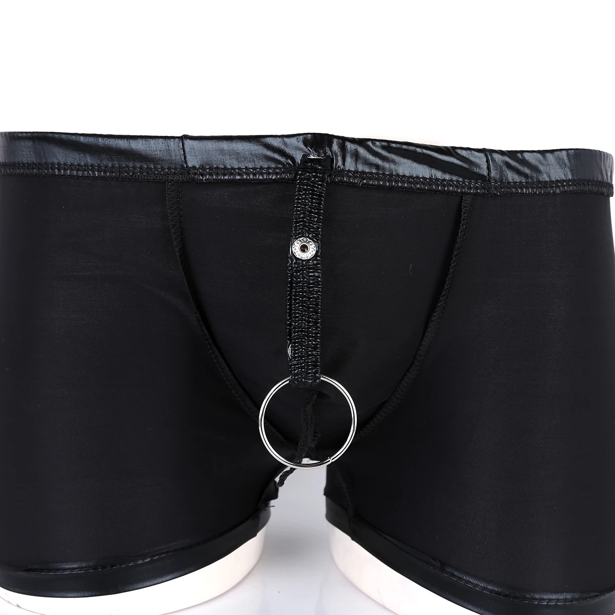 Mens Exotic Latex Underwear Leather Hot Sexy Boxer Brief With A Metal Ring Underwear With Penis Sleeve Sheath Lingerie Shorts