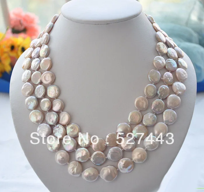 

Wholesale fast P4032 3row 17-19" 14mm lavender coin freshwater pearl necklace AAA