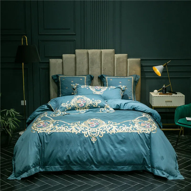 New Luxury Blue Pink Gray 100s Egyptian Cotton Bedding Set Gold