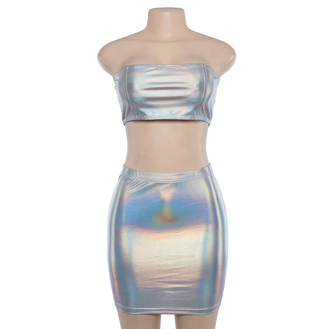 Cheap New Women\'s Fashion Metallic Shiny Strapless Top + Mini Dress Two-Piece Suit,Fluorescent Sexy Tight Bodysuit Hot Cheap New Women\'s Fashion Metallic Shiny Strapless Top + Mini Dress Two-Piece Suit,Fluorescent Sexy Tight Bodysuit Hot