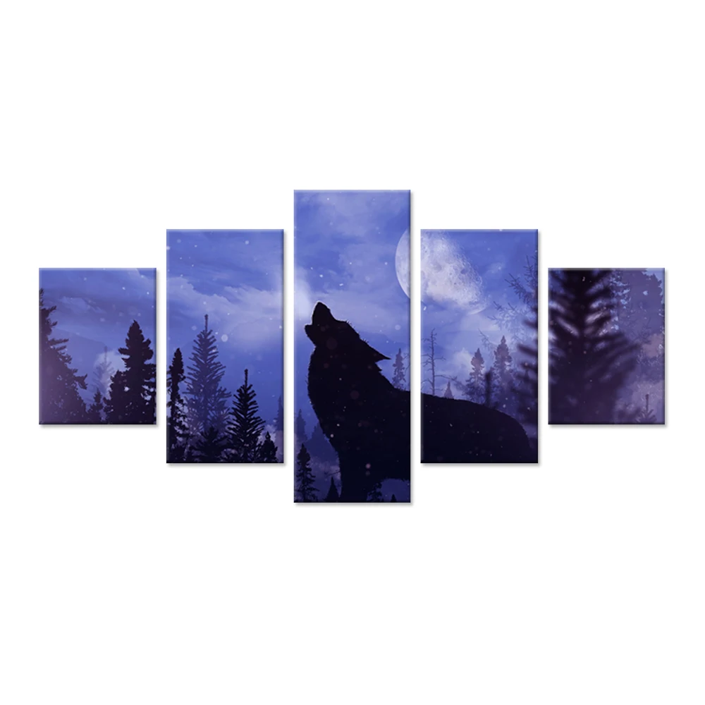 

5 Panel Wall Art Giclee Print Black Wolf Howl In Moon Night Around The Forest Picture Print On Canvas Animal Pictures For Home