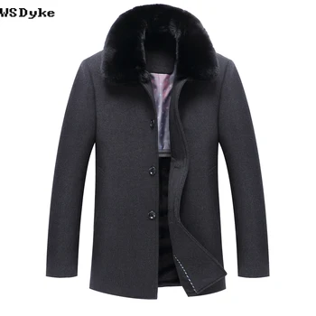

2018 New Casual Long Thicken Warm Winter Coat Wool Big Fur Collar Dark Grey Color Overcoat For Men