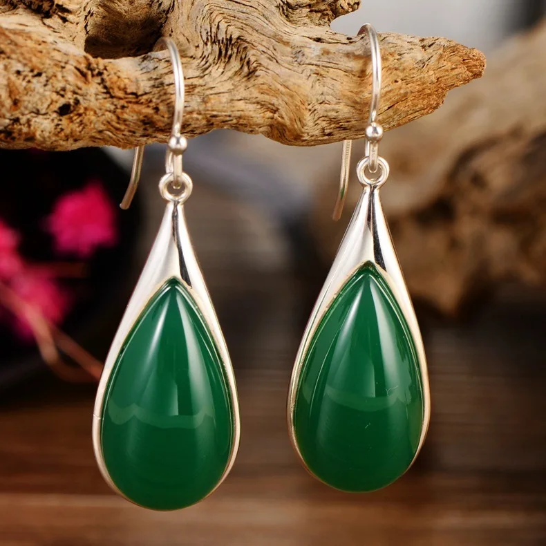 

925 Silver Ornamental Vintage Long Earrings Temperament Green Agate Drop Earrings Free Shipping