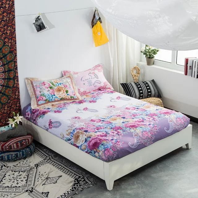 new design purple flowers fitted sheet 100 cotton bed sheet with purple queen fitted sheet