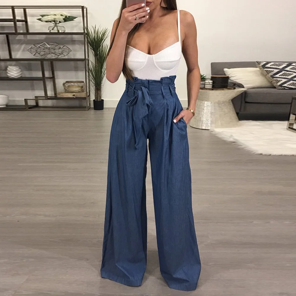 

2018 New Women Fashion Casual Cozy Pleats High Waist Wide Leg Long Pants Summer Boho Trousers With Belt