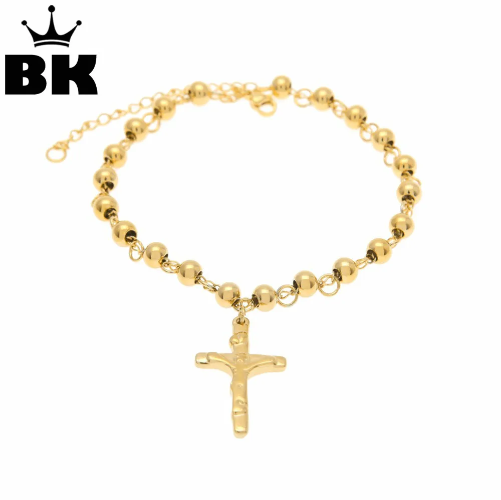 Unisex Gold Color Rosary Bead Bracelet Stainless Steel Cross With Jesus