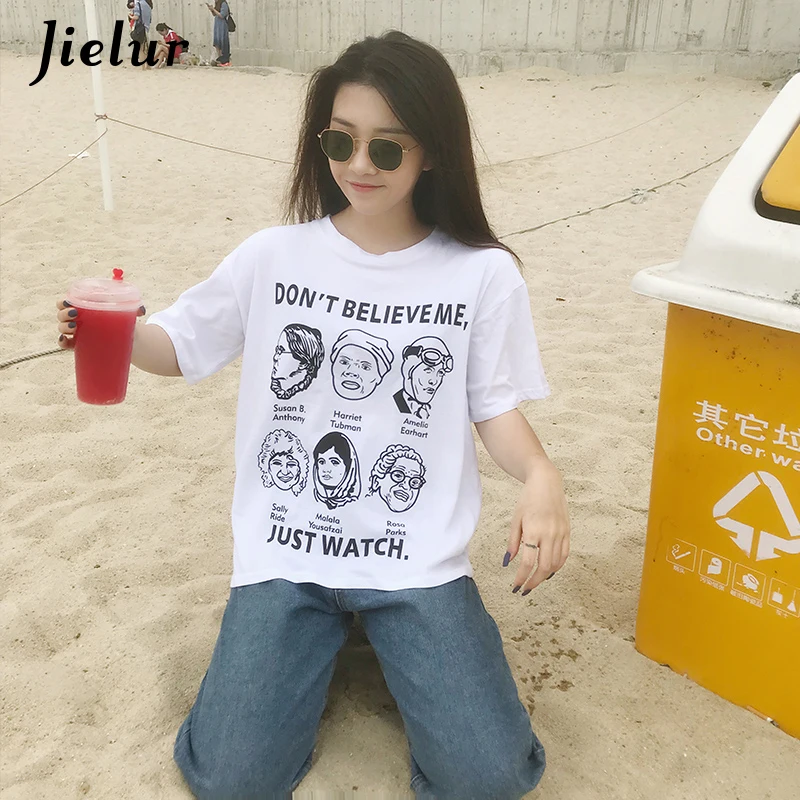Jielur прохладный личность футболка для женщин Письмо характер черный белый цвет