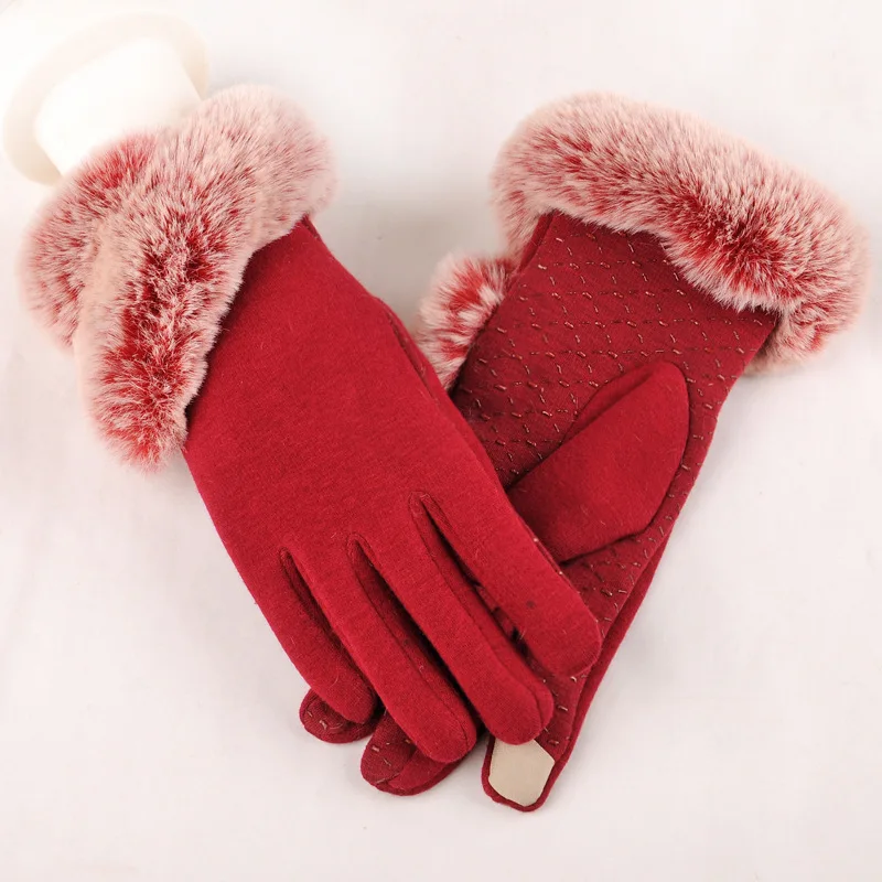Элегантные зимние перчатки женские хлопковые перчатки варежки с натуральным кроличьим мехом помпон сенсорный экран водительские перчатки Новая осень