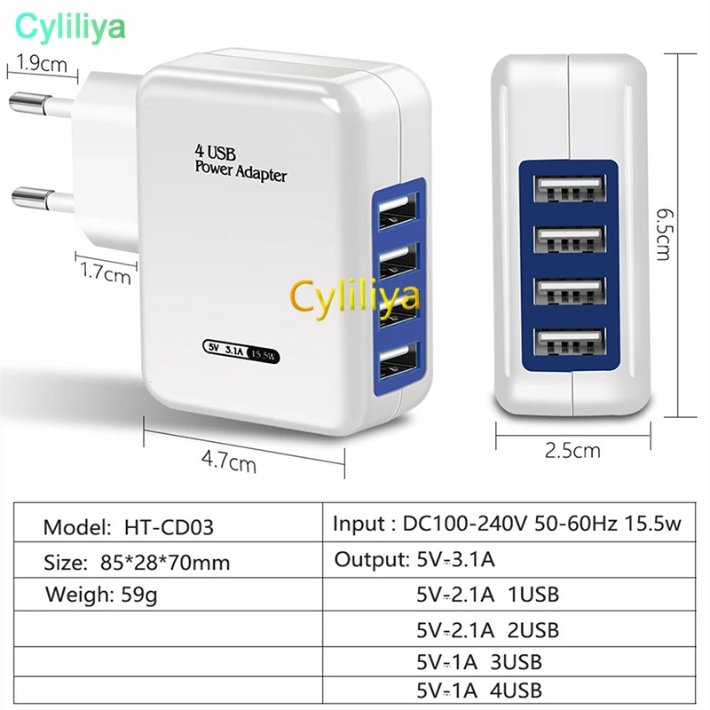 100 шт. 5 в 3.1A 4 usb порта AC вилка Европа/США зарядное устройство usb для путешествий зарядное устройство адаптер концентратор для samsung для iPhone huawei Sony LG