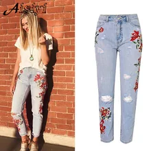 Джинсы с высокой талией и вышивкой, рваные джинсы для женщин Patalon Femme, джинсы для женщин, прямые женские джинсовые брюки больших размеров