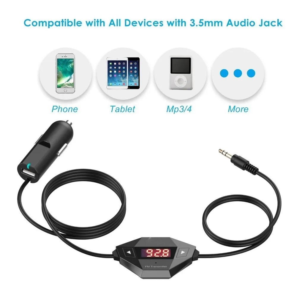 zebra car Wireless FM Transmitter Radio Car Kit for Smart Phones bundle with 3.5mm Audio Plug and Car Charger, Black