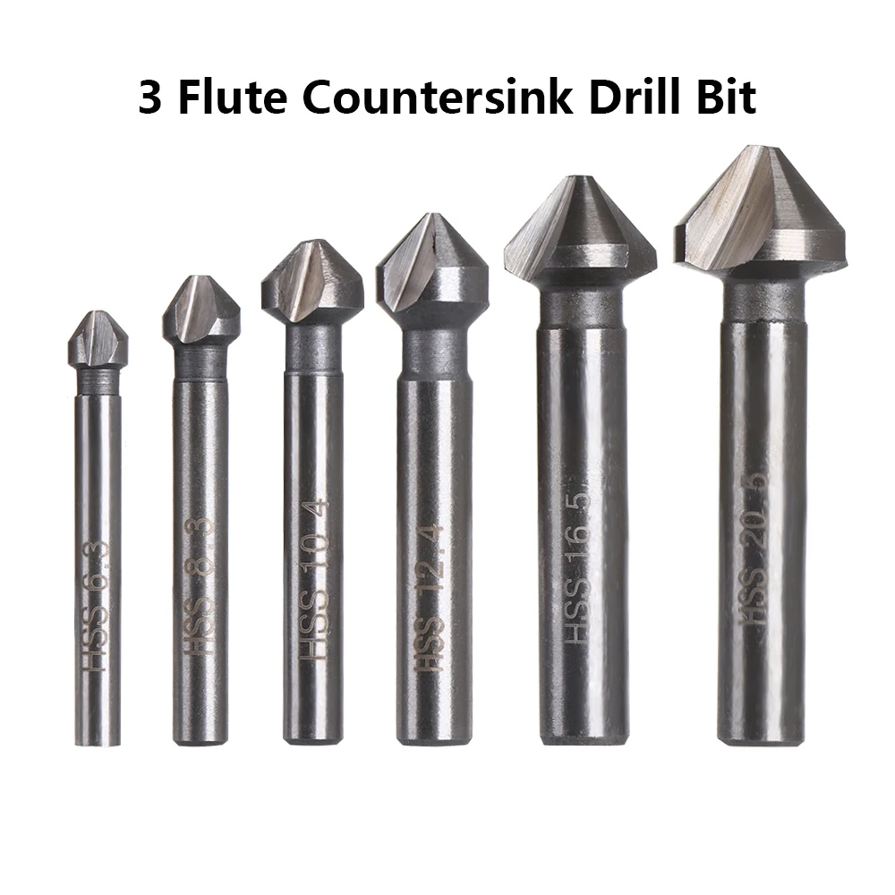 

DAYFULI 6.3/8.3/10.4/12.4/16.5/20.5mm 3Flute Countersink Drill Bit Round Handle 90 Degree HSS Wood Steel Chamfer Cutter Tool
