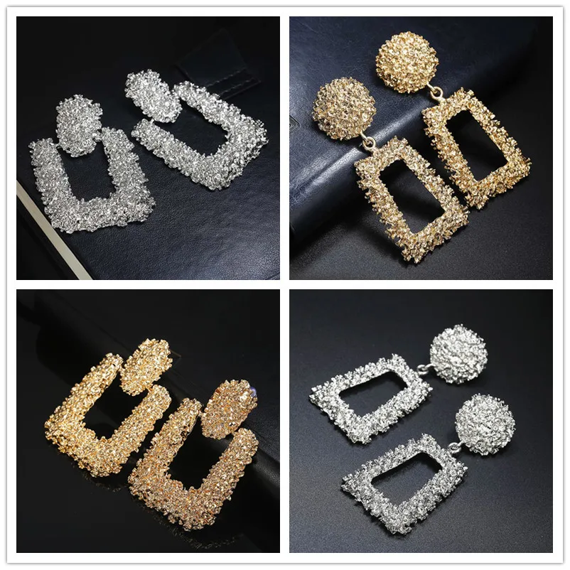 

Vintage Earrings for women gold color Geometric statement earring 2019 texture metal drop earing Hanging fashion jewelry