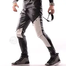 27-44 Мужская одежда стилист волос черный белый шить заклепки пу кожаные штаны плюс размер певица костюмы