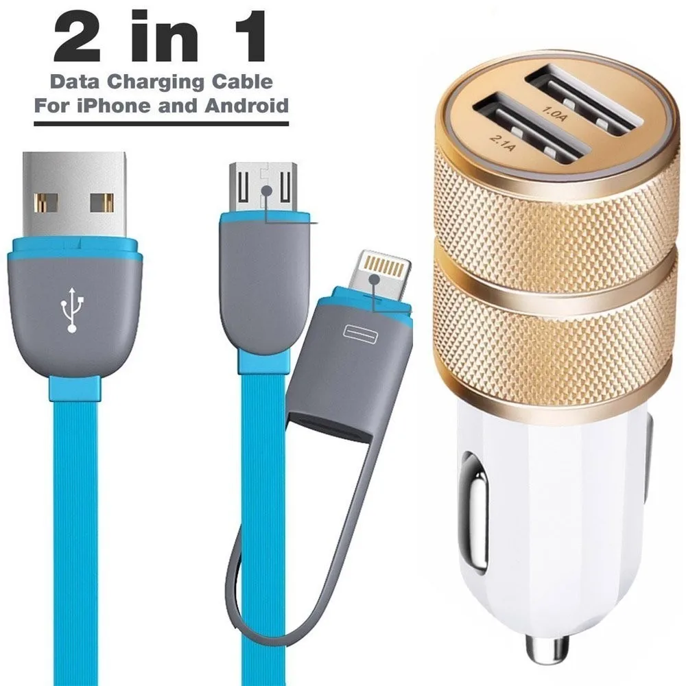 Car Charger 3.1A Dual 2 USB Port Plus 2in1 data cable with Micro USB to