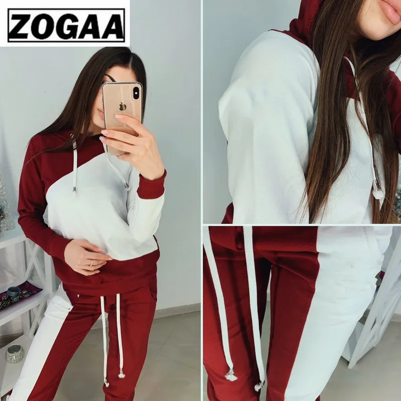 

ZOGGA Color Blocking Hooded Women Casual Sets 100% Polyester Breathable 2 Piece Fitness Sets for Women Leisure Suits with Belt
