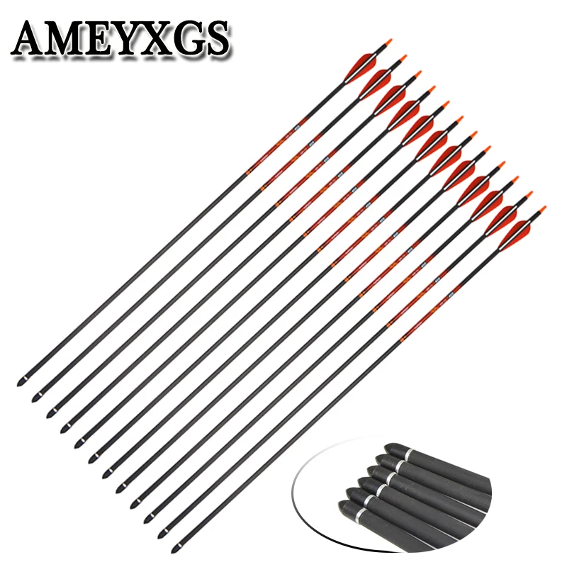 

6/12pcs Spine 400 Pure Carbon Arrow Red White Rubber Feather Archery ID 6.2mm Hunting Compound Bow Shooting Accessories