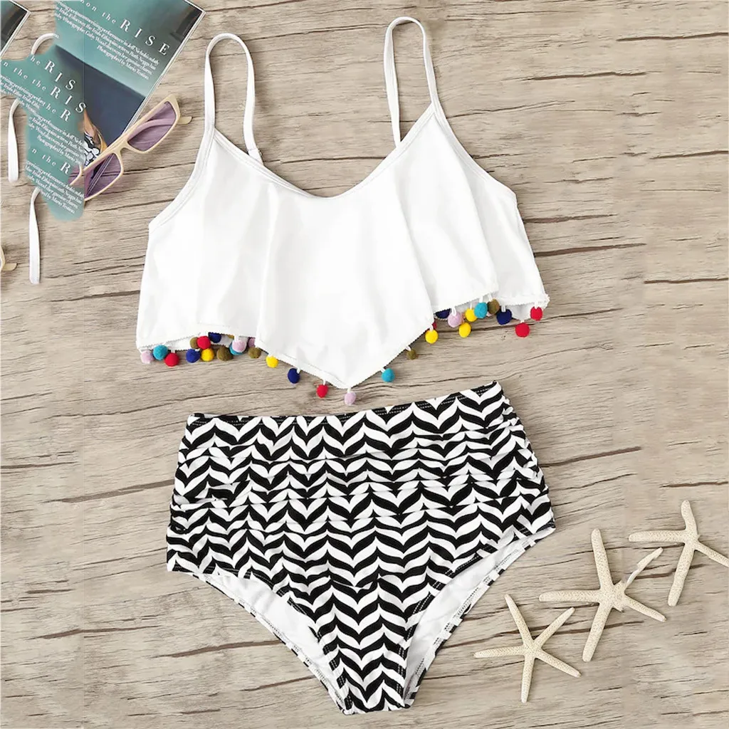 

2019 Sexy Printed Bikini Set Women White Ruffled Halter Swimsuit Two Piece High Waisted Push-Up Padded Triangle Swimwears