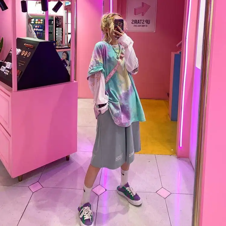Harajuku модная длинная футболка, женские свободные топы, красочная одежда с принтом в стиле хип-хоп, женские топы, летняя футболка, женская уличная одежда