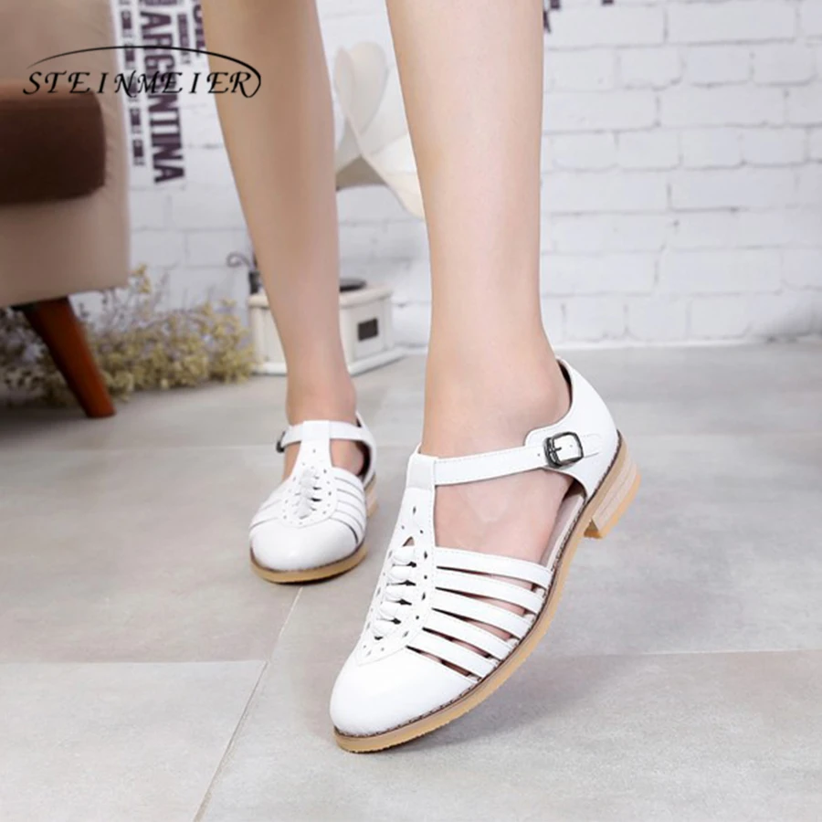 

100% Genuine cow leather lady Sandals flats shoes designer vintage handmade oxford shoes for women 2018 black grey brown US 11