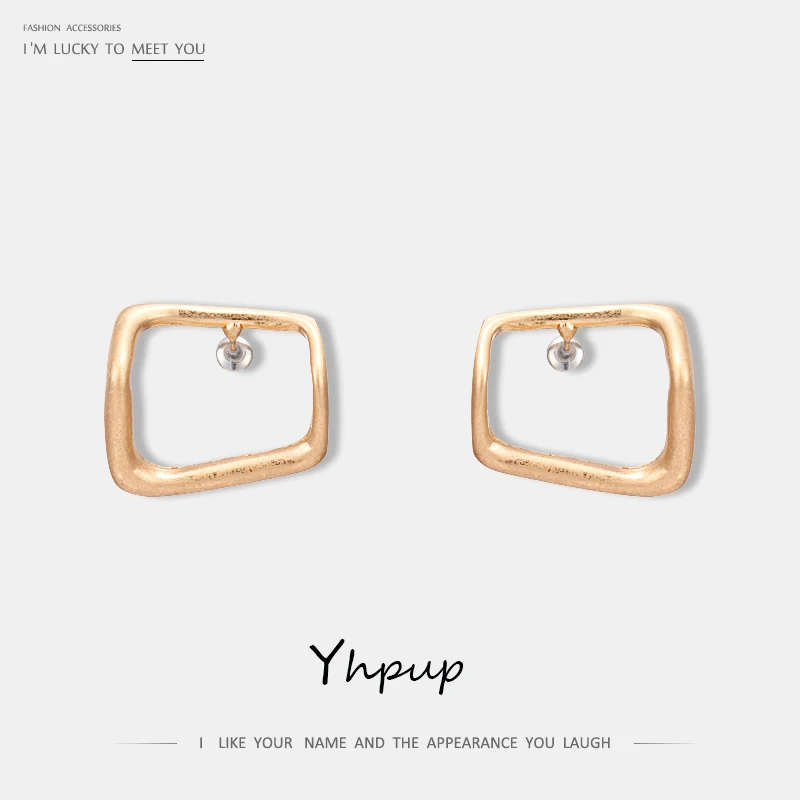 Yhpup Новые Модные Простые полые геометрические серьги-гвоздики, темпераментные металлические винтажные Золотые женские серебряные серьги офисные вечерние S925