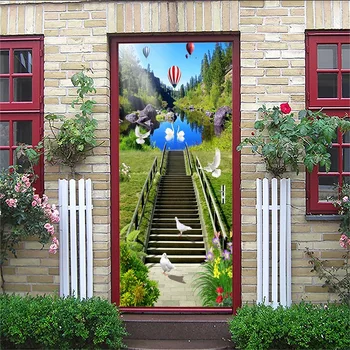 

77x200cm 3D Landscape Door Stickers For Living Room Bedroom PVC Adhesive Wallpaper Home Decor Waterproof Mural Decal