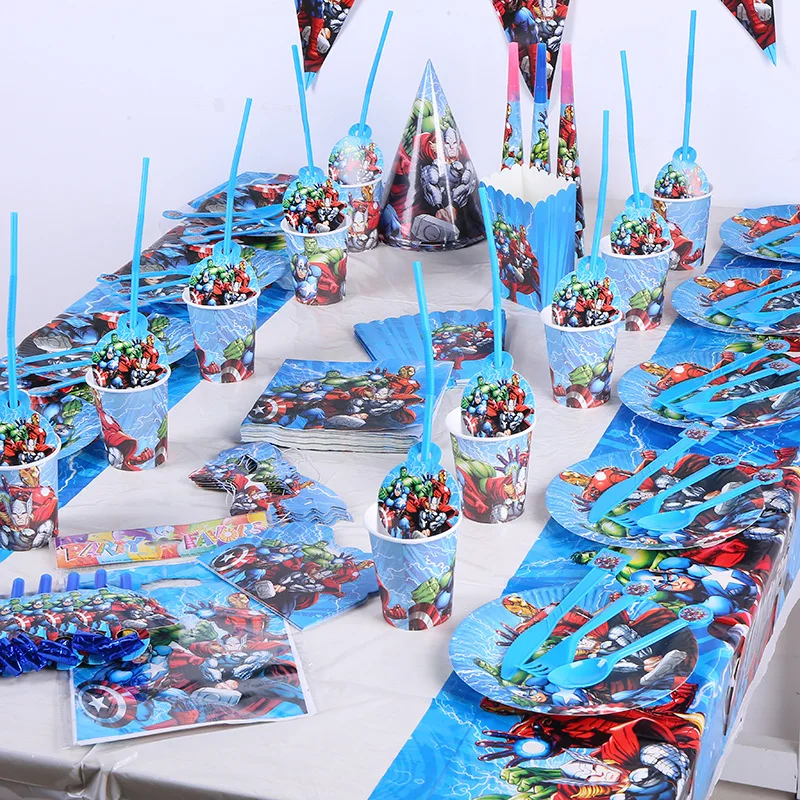 

The Avengers Theme Cartoon Party Set Balloon Tableware Plate Napkins Banner Birthday Candy Box Baby Shower Party Decoration