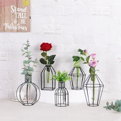 

Nordic Style 3D Glass Iron Art Geometric Vase with Cuvette Tabletop Plant Bonsai Flower Wedding Home Decoration Accessories